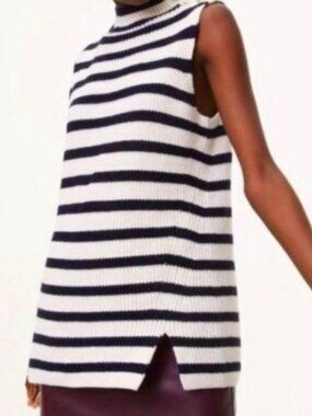 LOFT Striped Cotton Wool Blend Sleeveless Mock Neck Knit Sweater - Size M